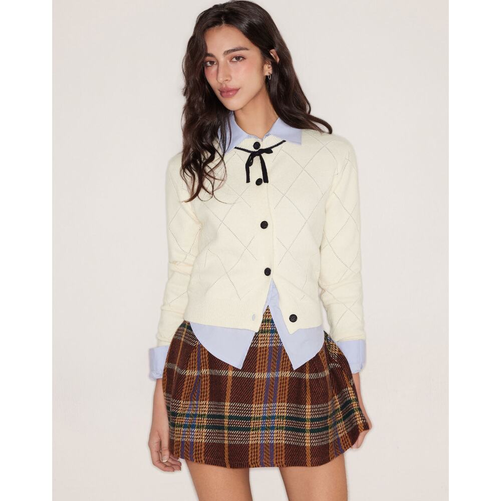 CIDER Pointelle Knit Rhombus Bow Knot Cardigan Sweater Women's Small Cream Black